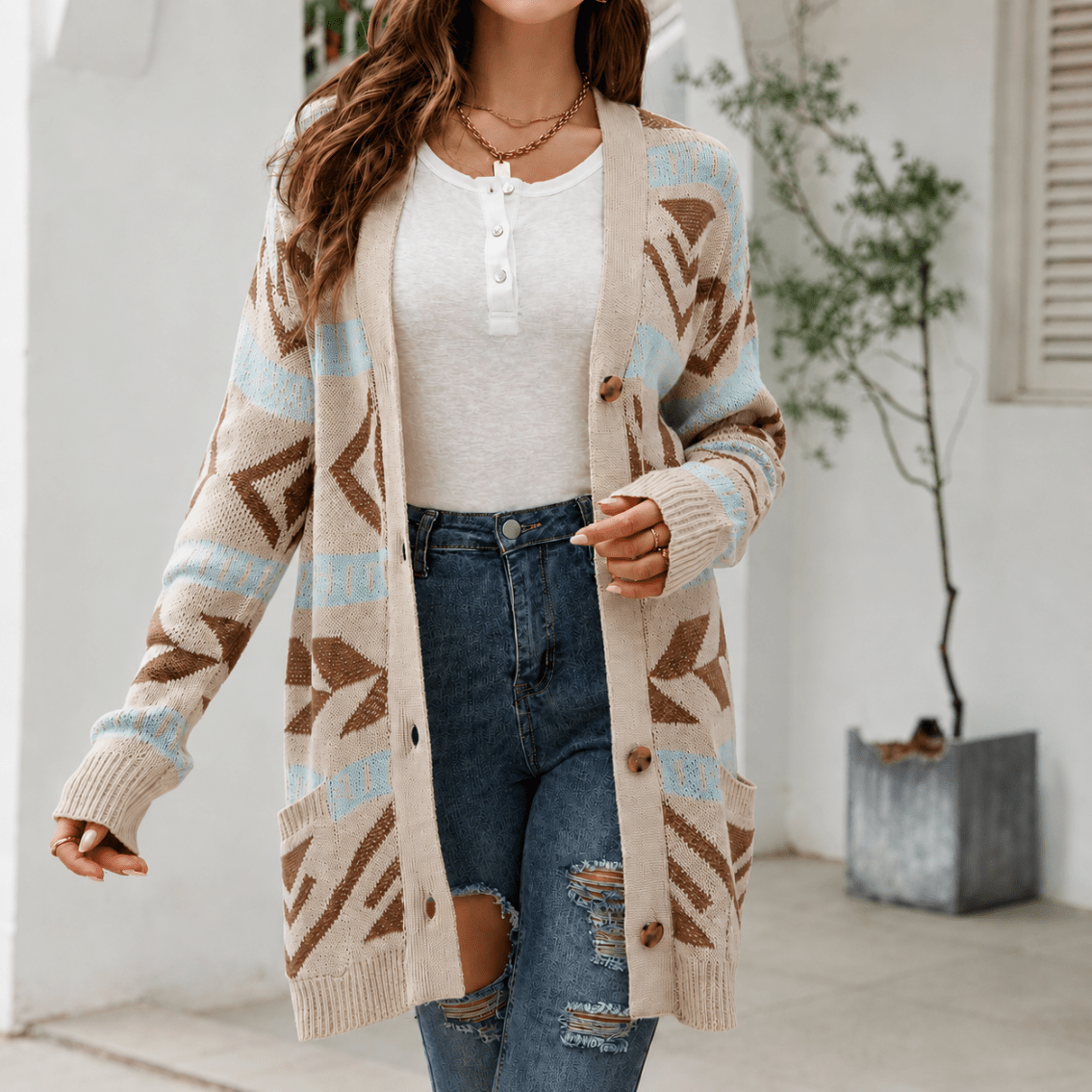 Women's Long Cardigan with Button Front and Pockets – Mid-Thigh Length - We are MFEO