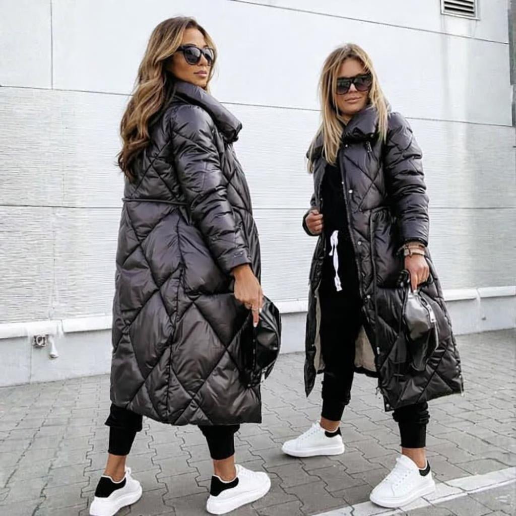 Women's Long Quilted Winter Coat with High Collar – Puffer Style, Below Knee Length - We are MFEO