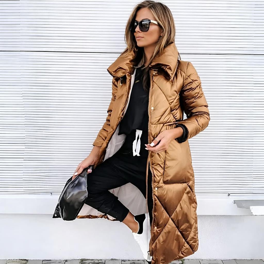 Women's Long Quilted Winter Coat with High Collar – Puffer Style, Below Knee Length - We are MFEO