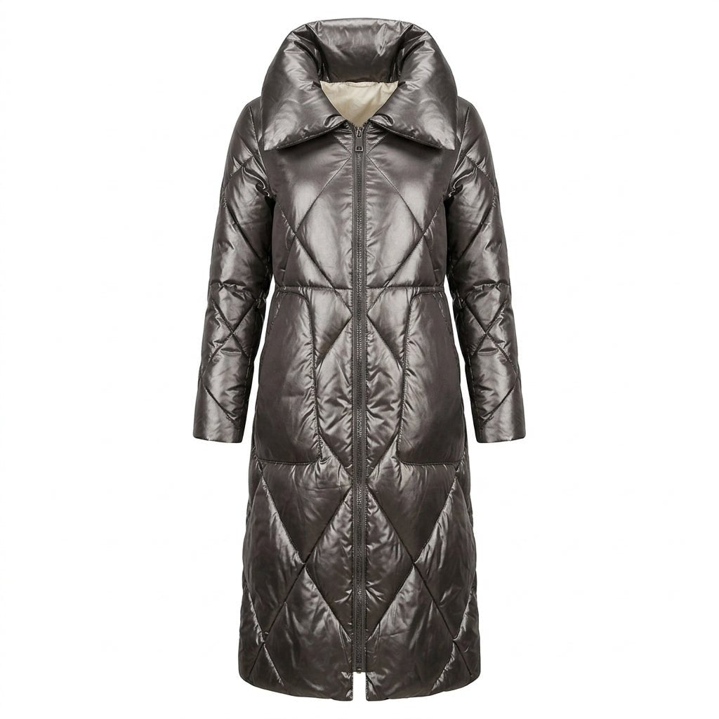Women's Long Quilted Winter Coat with High Collar – Puffer Style, Below Knee Length - We are MFEO
