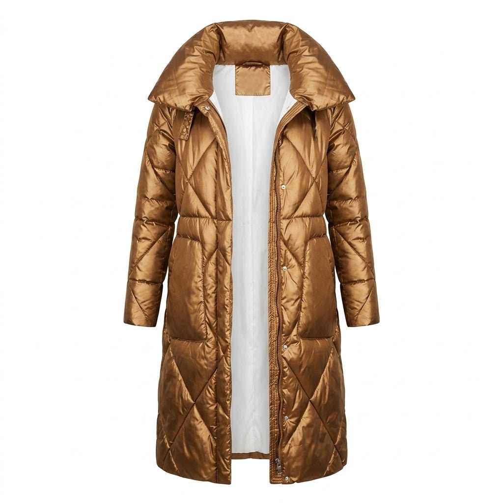Women's Long Quilted Winter Coat with High Collar – Puffer Style, Below Knee Length - We are MFEO