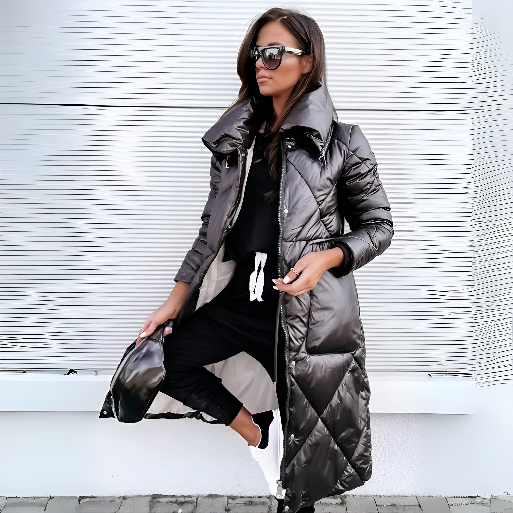 Women's Long Quilted Winter Coat with High Collar – Puffer Style, Below Knee Length - We are MFEO