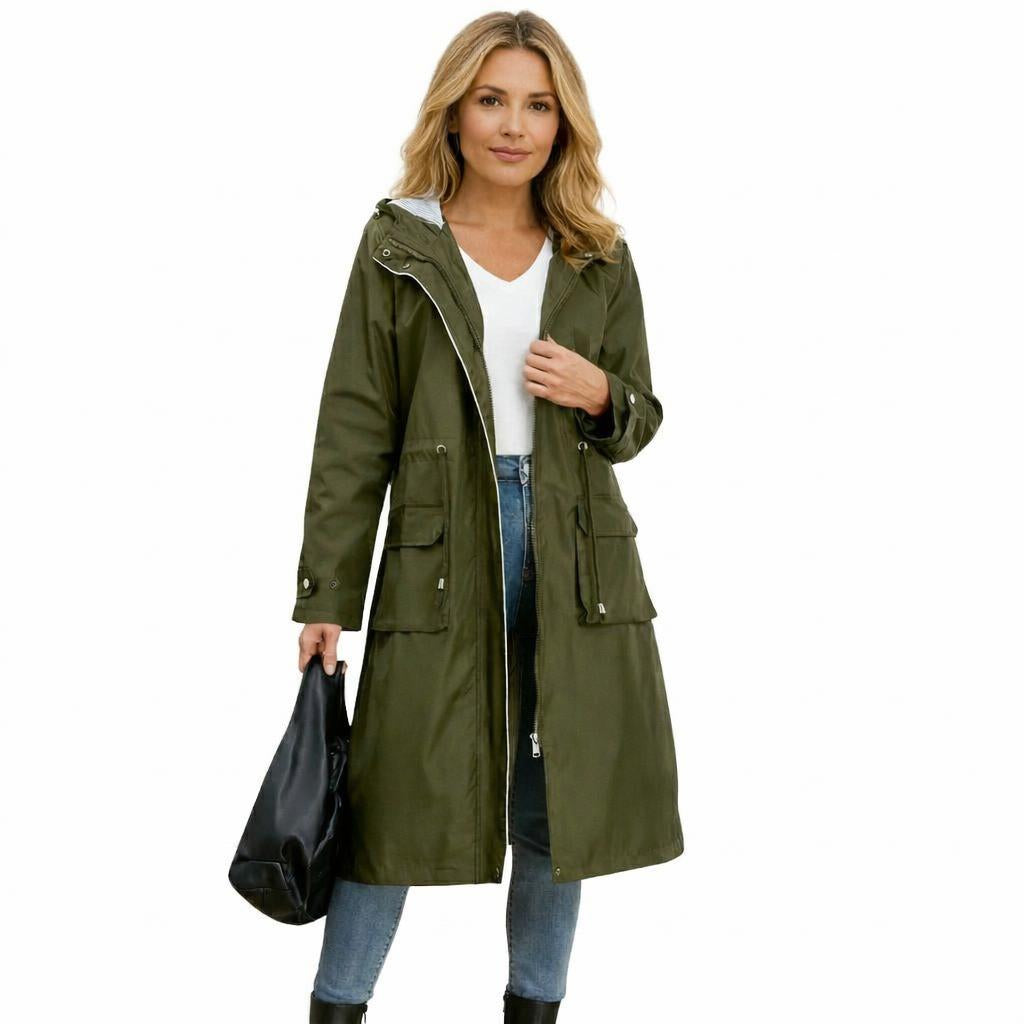 Women's Long Rain Jacket with Hood – Waterproof, Adjustable Drawstring Waist