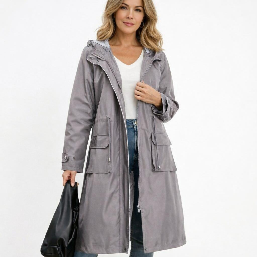 Women's Long Rain Jacket with Hood – Waterproof, Adjustable Drawstring Waist