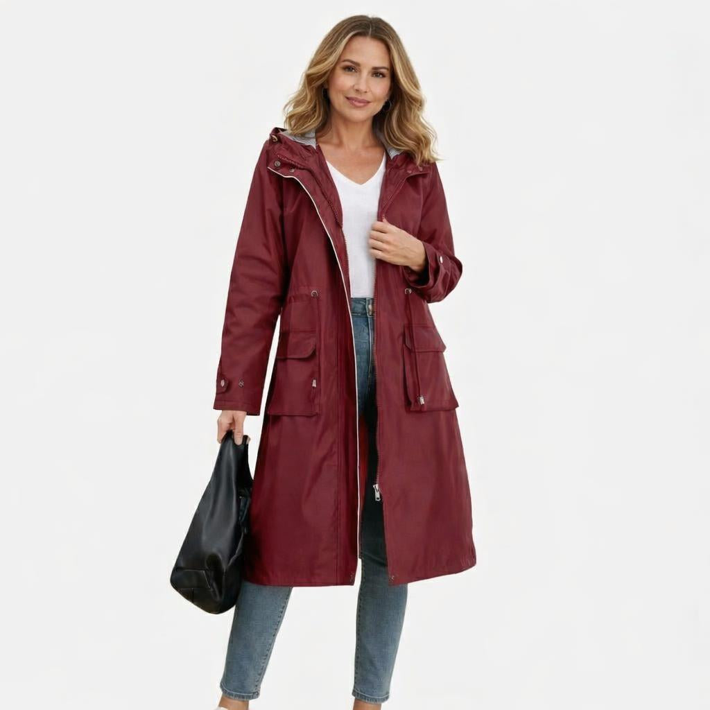 Women's Long Rain Jacket with Hood – Waterproof, Adjustable Drawstring Waist