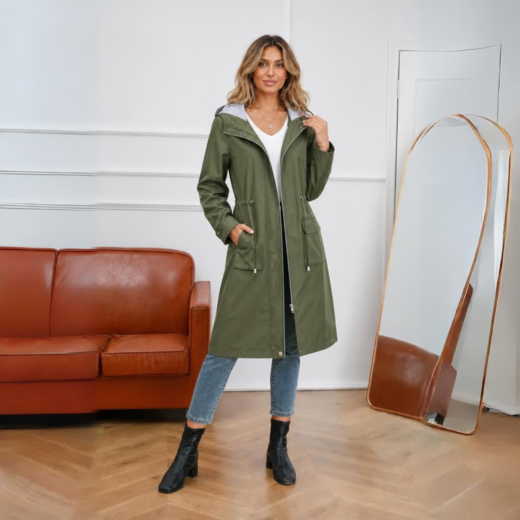 Women's Long Rain Jacket with Hood – Waterproof, Adjustable Waist - We are MFEO