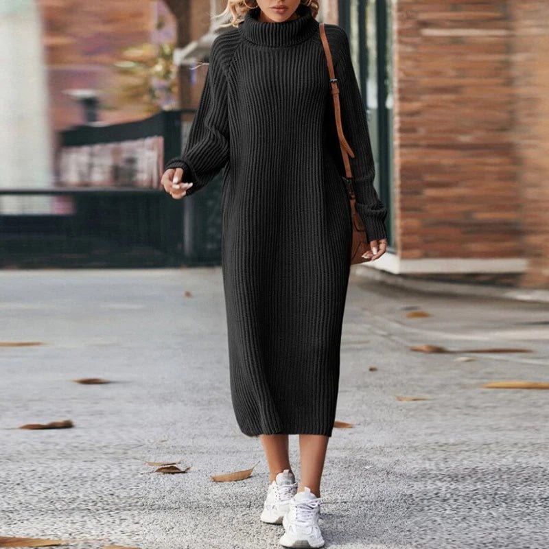 Women's Long Sleeve Knit Dress – Oversized Midi Dress with Roll Neck - We are MFEO