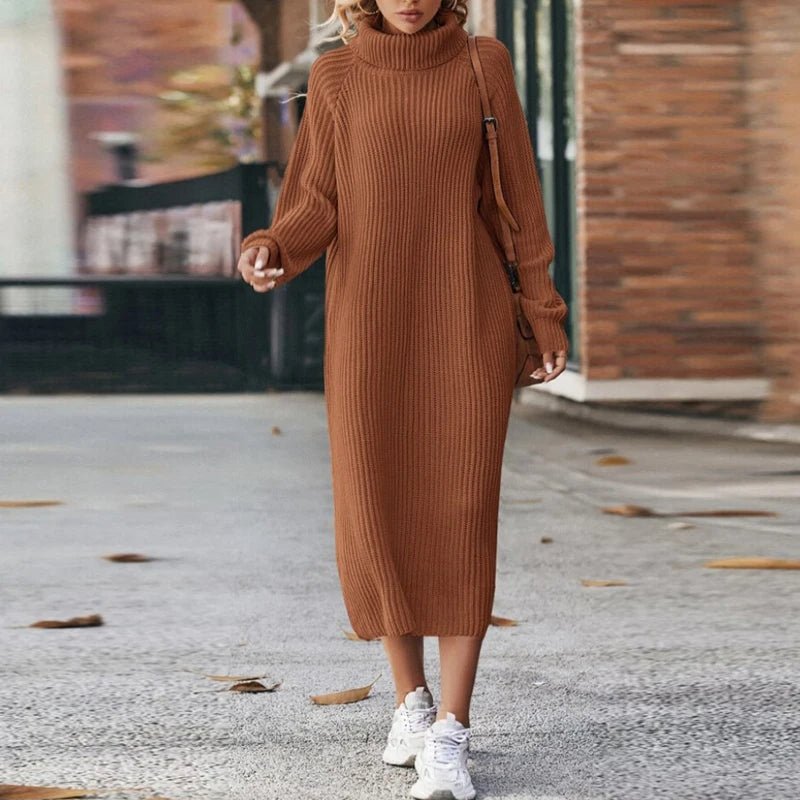 Women's Long Sleeve Knit Dress – Oversized Midi Dress with Roll Neck - We are MFEO