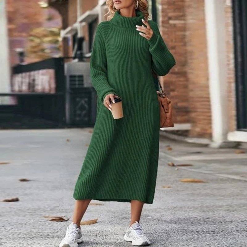 Women's Long Sleeve Knit Dress – Oversized Midi Dress with Roll Neck - We are MFEO