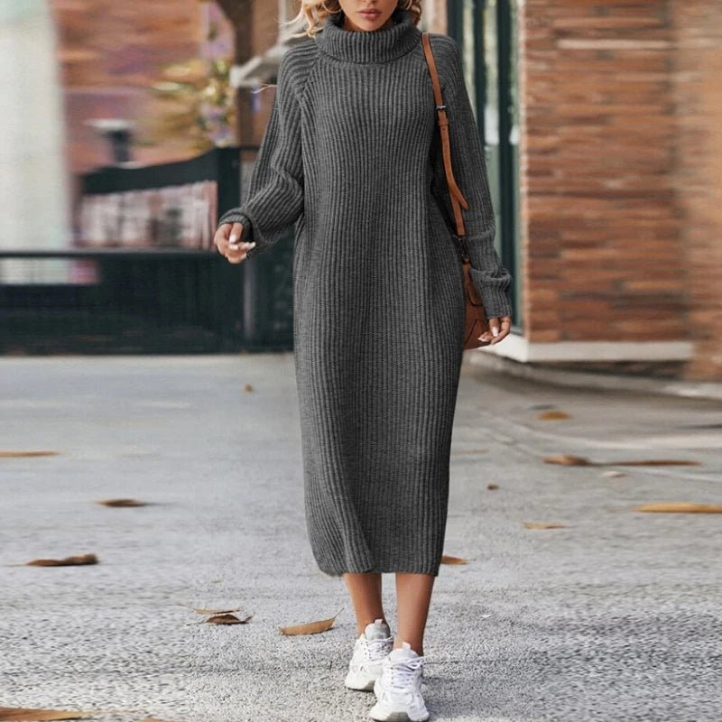 Women's Long Sleeve Knit Dress – Oversized Midi Dress with Roll Neck - We are MFEO