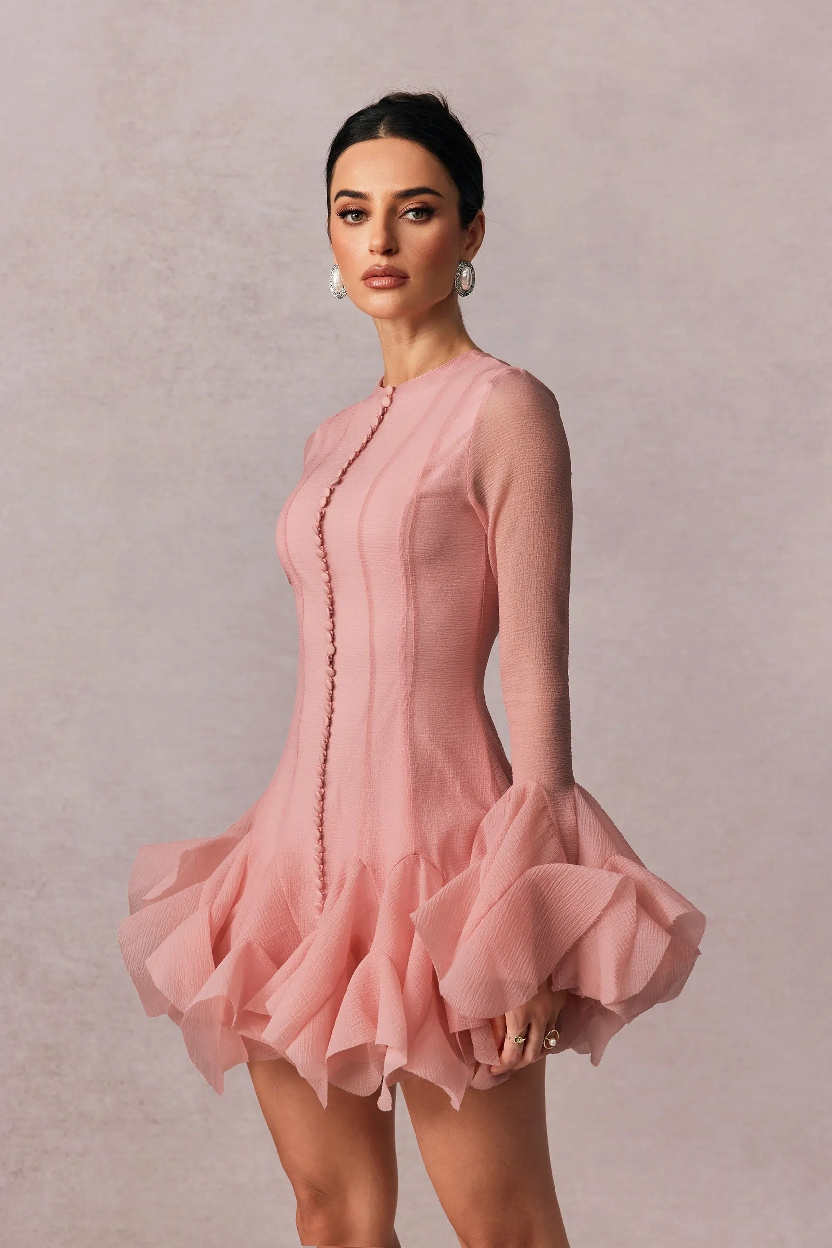 Women's Long Sleeve Mini Dress with Ruffle Detail - We are MFEO