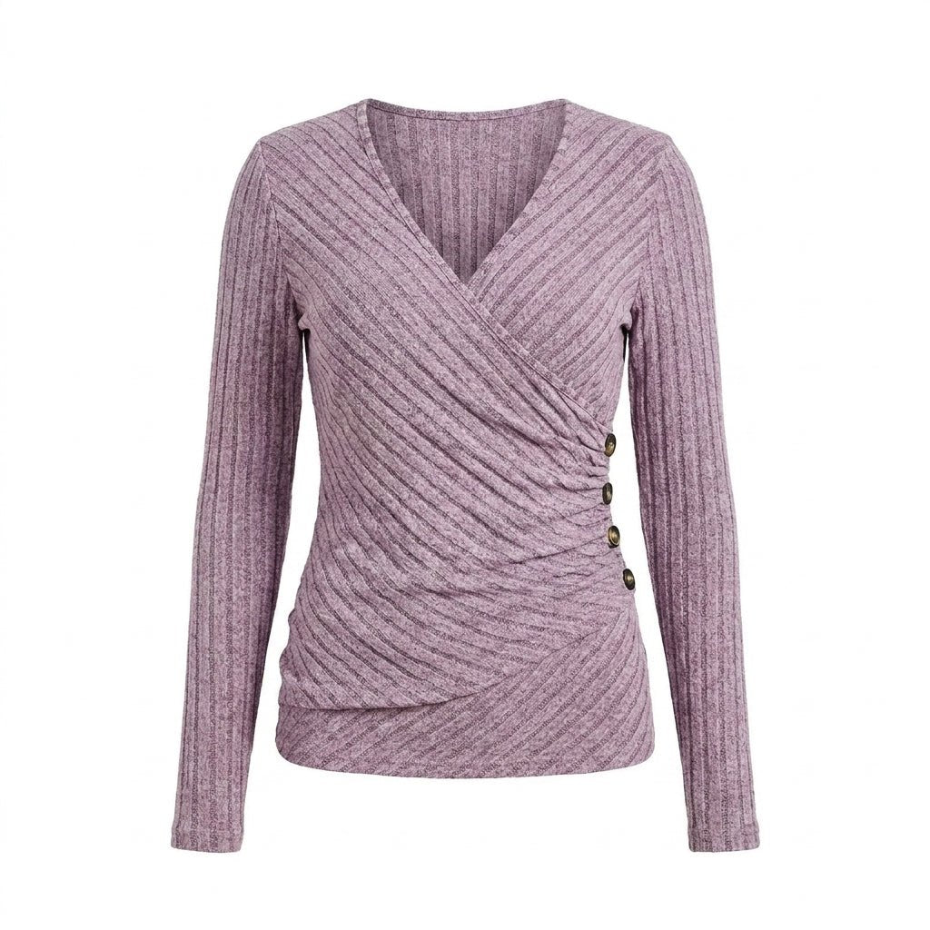 Women's Long Sleeve Wrap Top – V-Neck Ribbed Blouse - We are MFEO