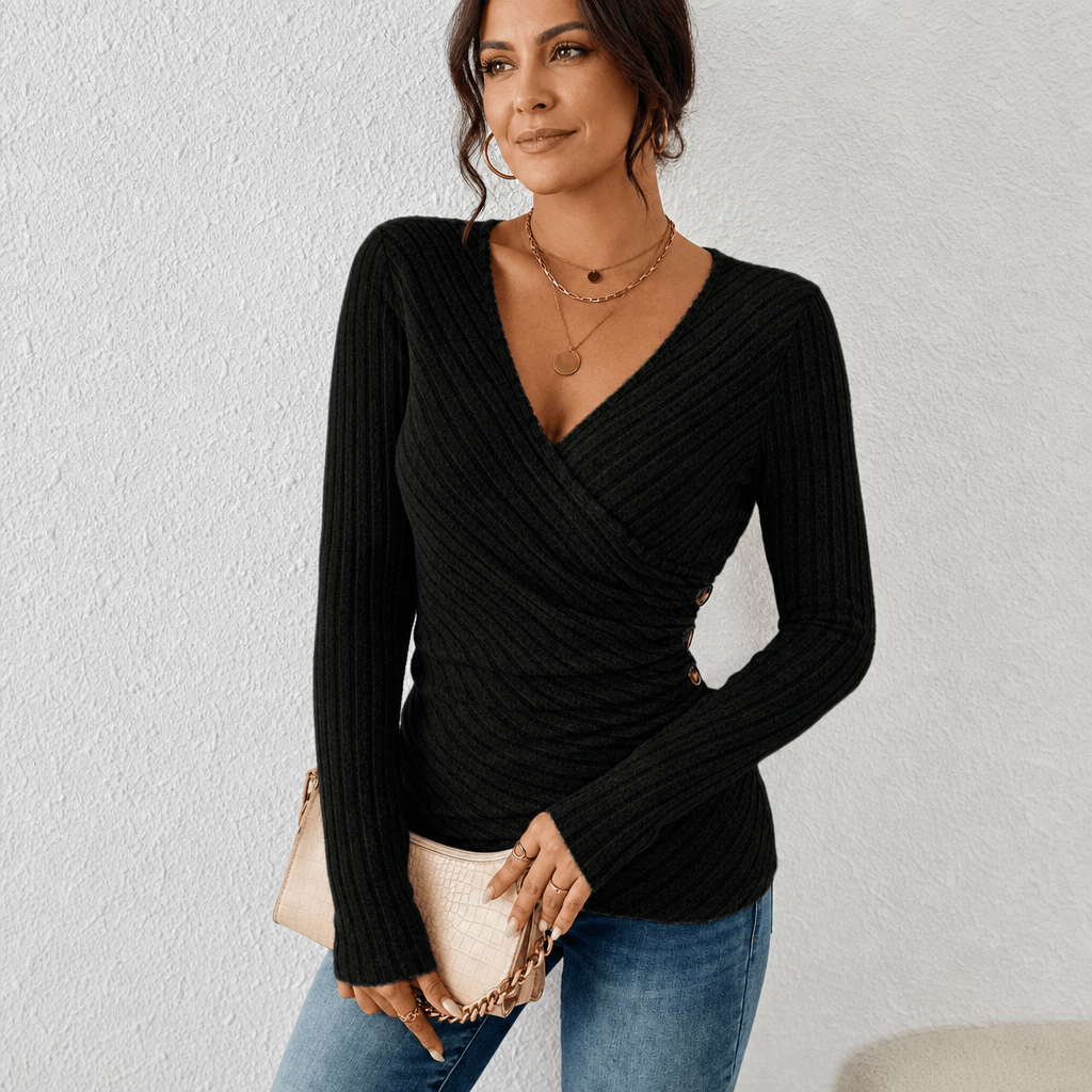 Women's Long Sleeve Wrap Top – V-Neck Ribbed Blouse - We are MFEO