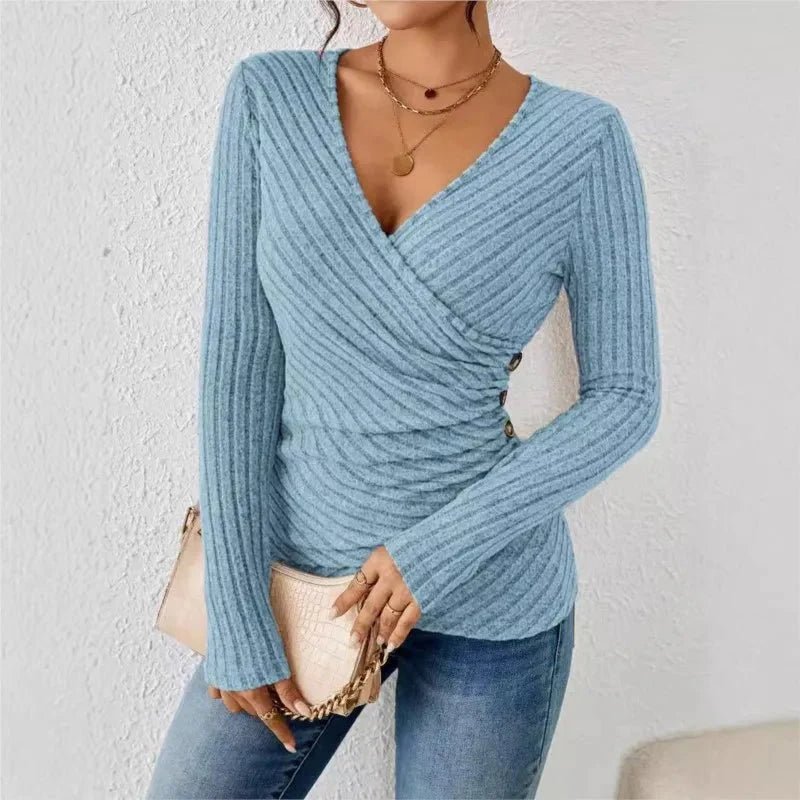 Women's Long Sleeve Wrap Top – V-Neck Ribbed Blouse - We are MFEO