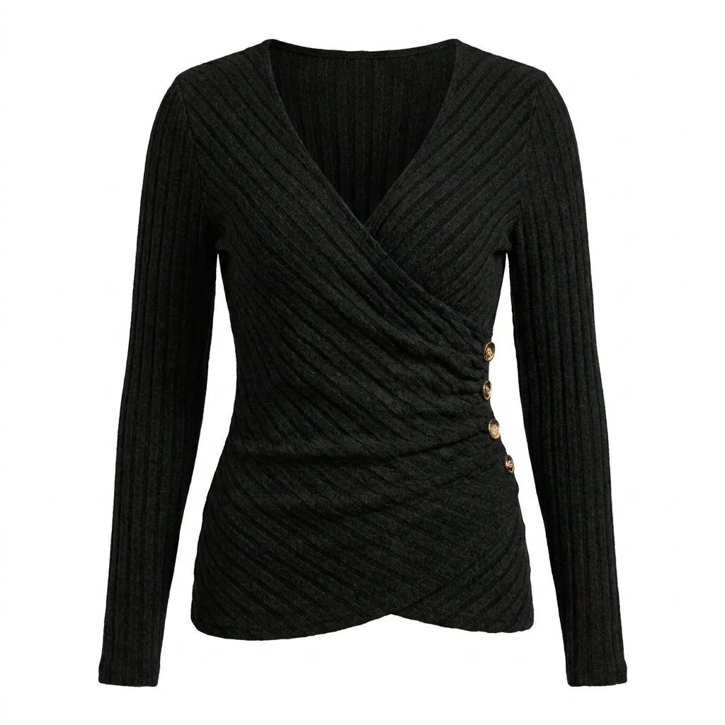 Women's Long Sleeve Wrap Top – V-Neck Ribbed Blouse - We are MFEO