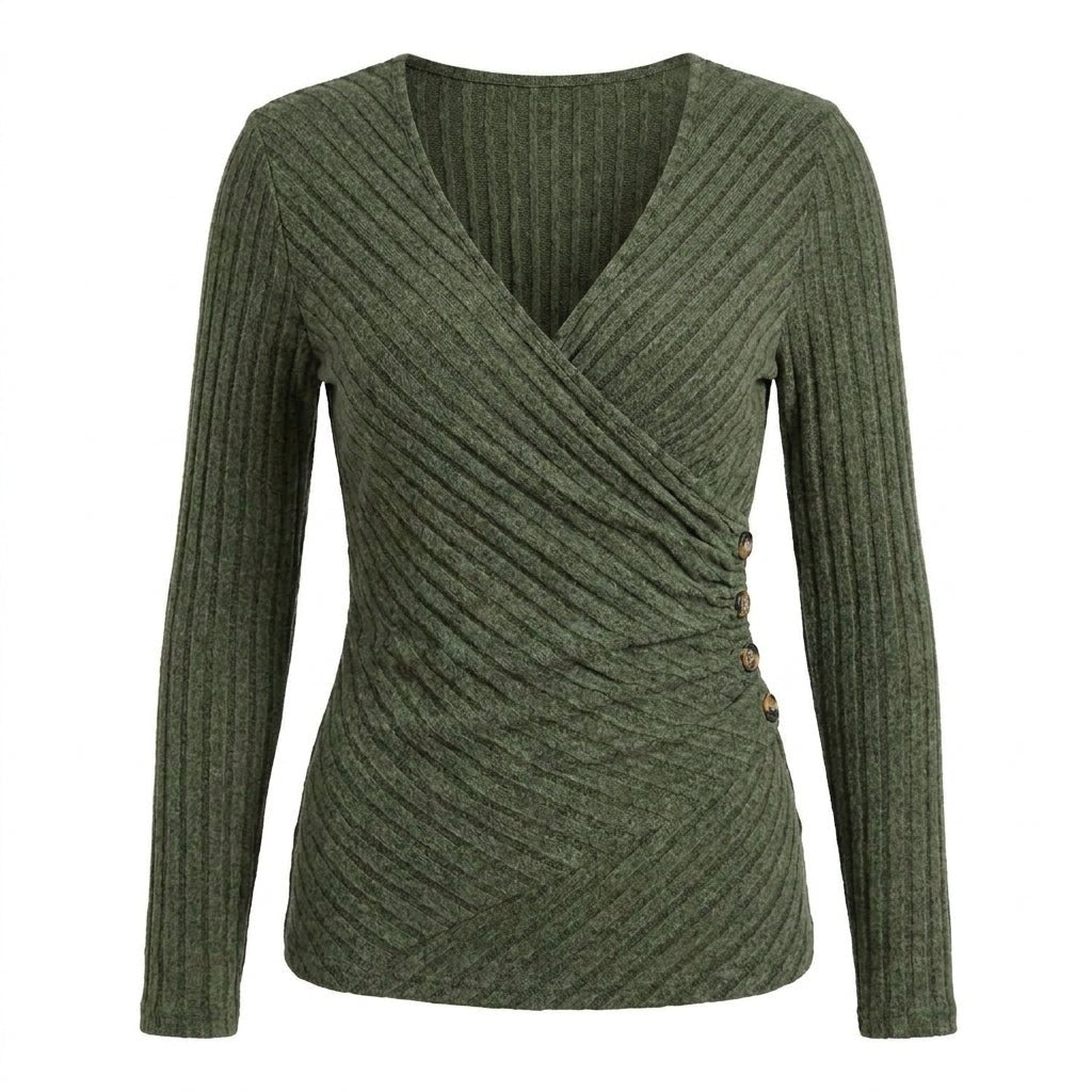 Women's Long Sleeve Wrap Top – V-Neck Ribbed Blouse - We are MFEO