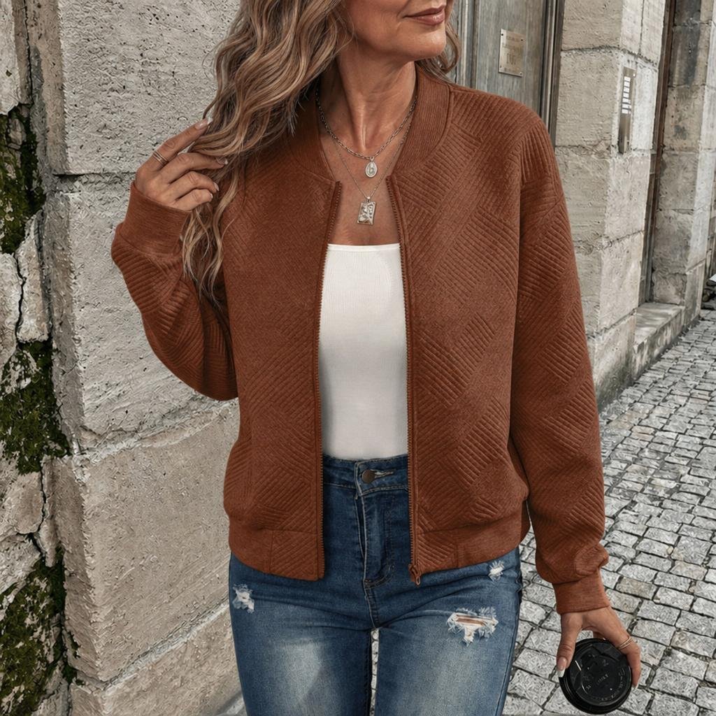 Women's Long Textured Zip-Up Cardigan – Casual Wear with Ribbed Hem and Long Sleeves - We are MFEO