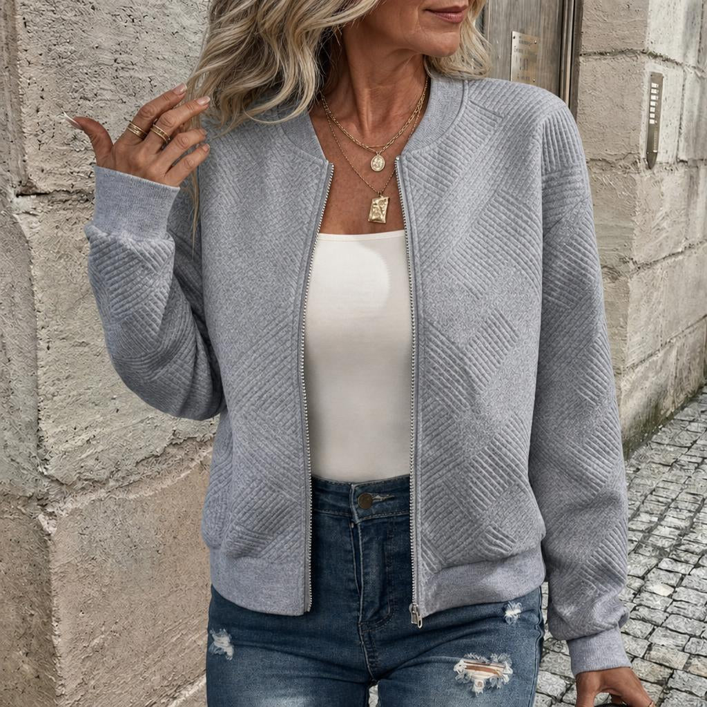 Women's Long Textured Zip-Up Cardigan – Casual Wear with Ribbed Hem and Long Sleeves - We are MFEO