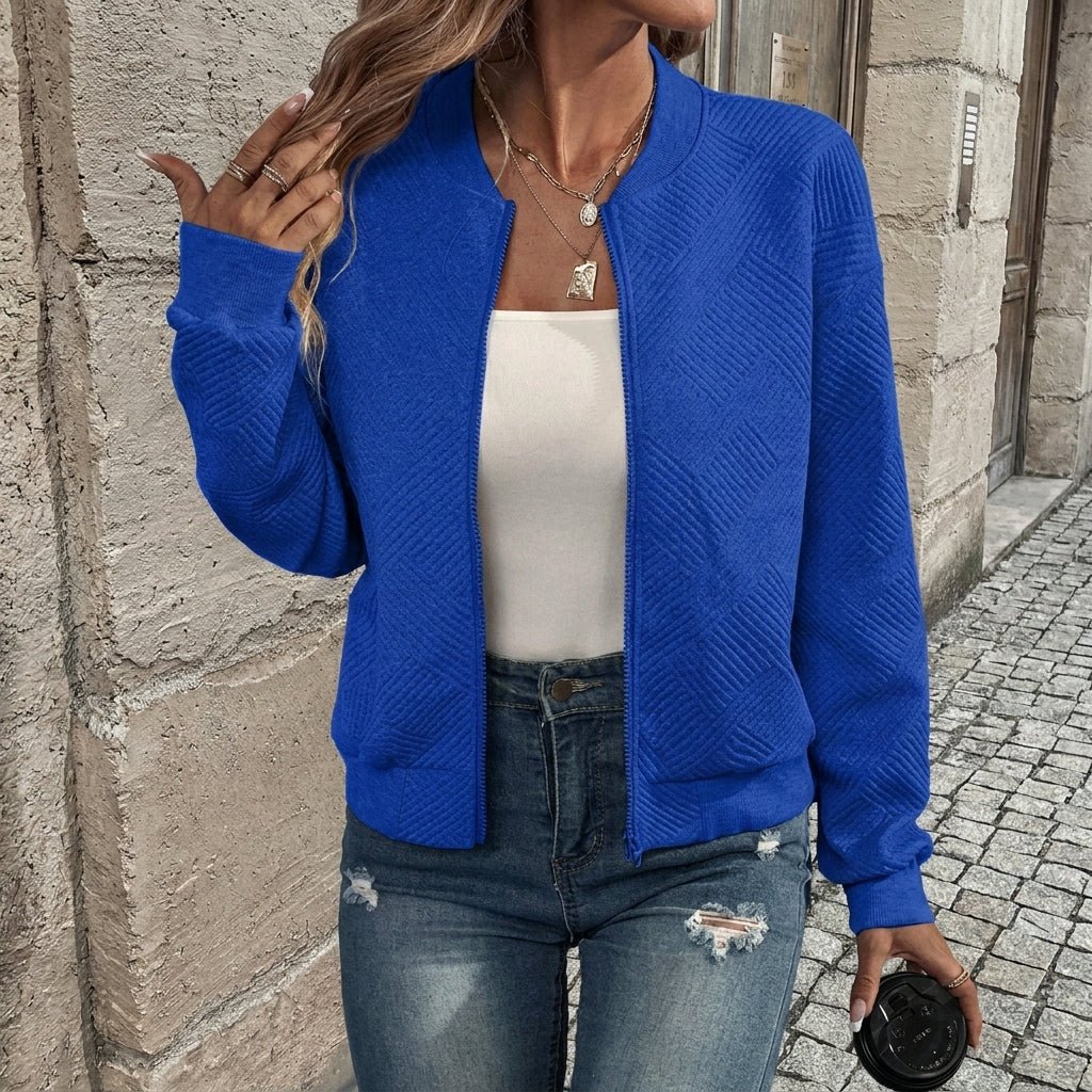 Women's Long Textured Zip-Up Cardigan – Casual Wear with Ribbed Hem and Long Sleeves - We are MFEO