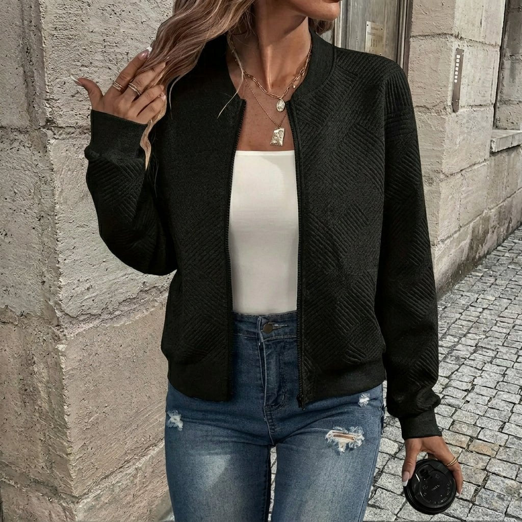 Women's Long Textured Zip-Up Cardigan – Casual Wear with Ribbed Hem and Long Sleeves - We are MFEO