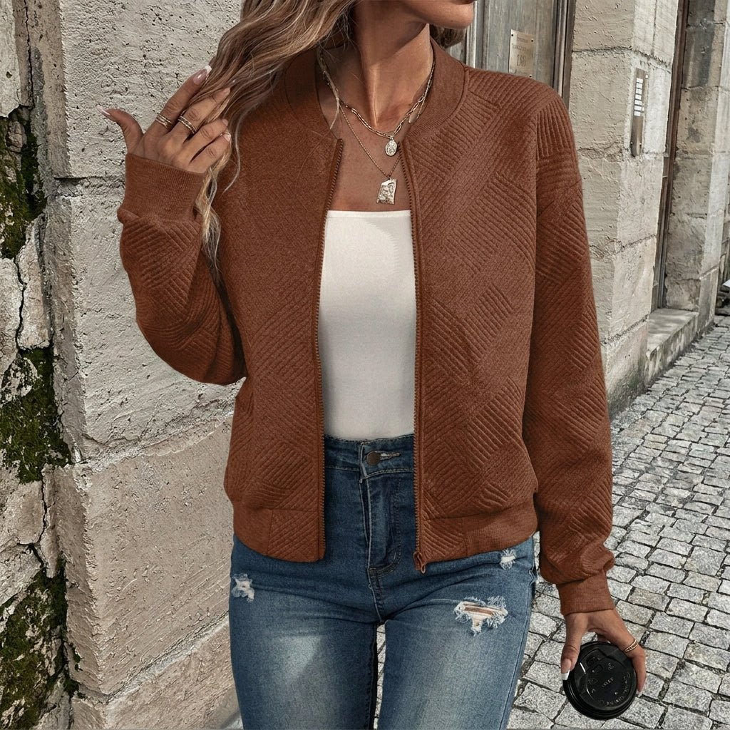 Women's Long Textured Zip-Up Cardigan – Casual Wear with Ribbed Hem and Long Sleeves - We are MFEO