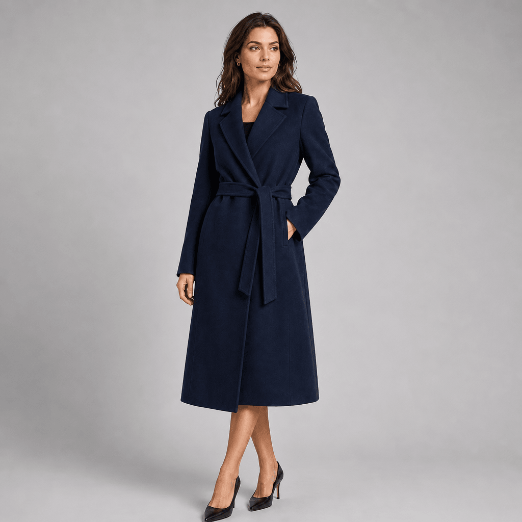 Women's Long Trench Coat with Notched Lapel – Elegant Wrap Design with Tie Belt - We are MFEO