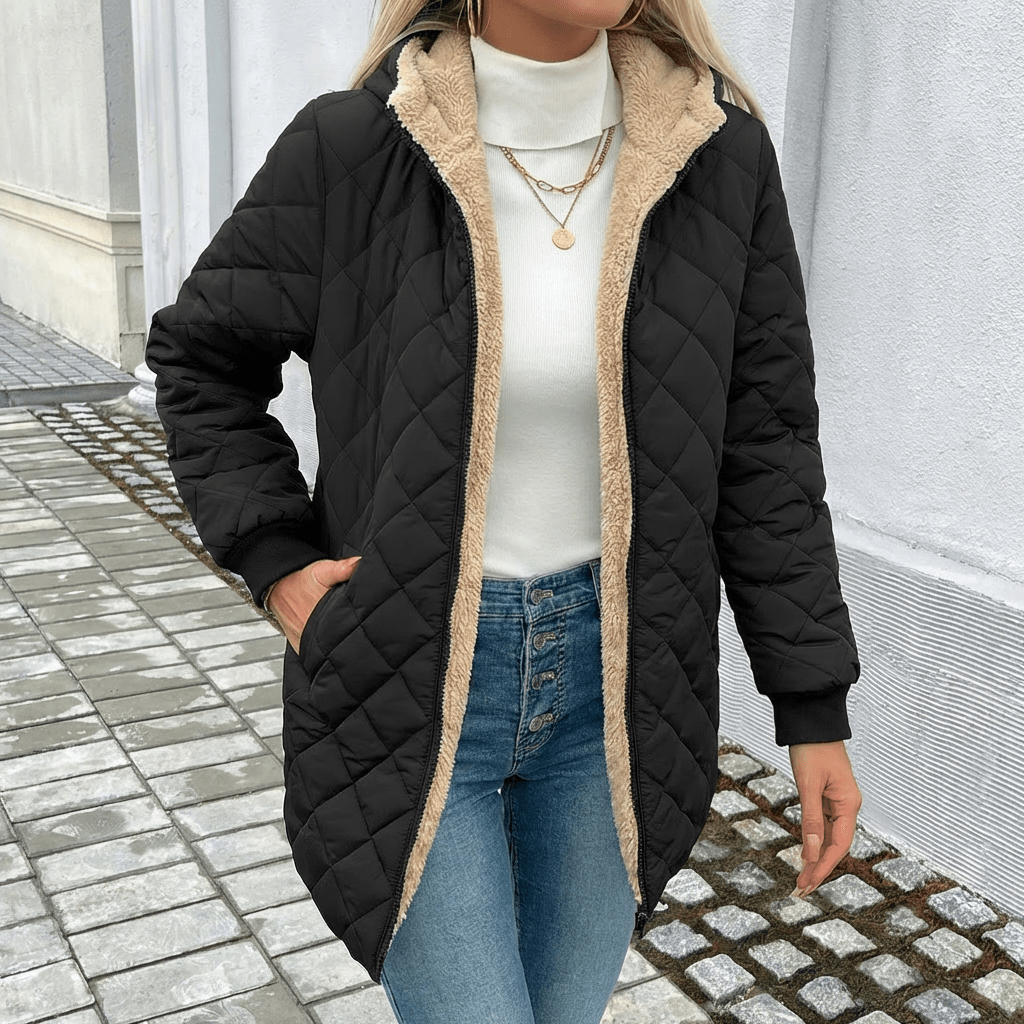 Women's Longline Quilted Coat – Hooded Black Puffer Jacket for Winter - We are MFEO