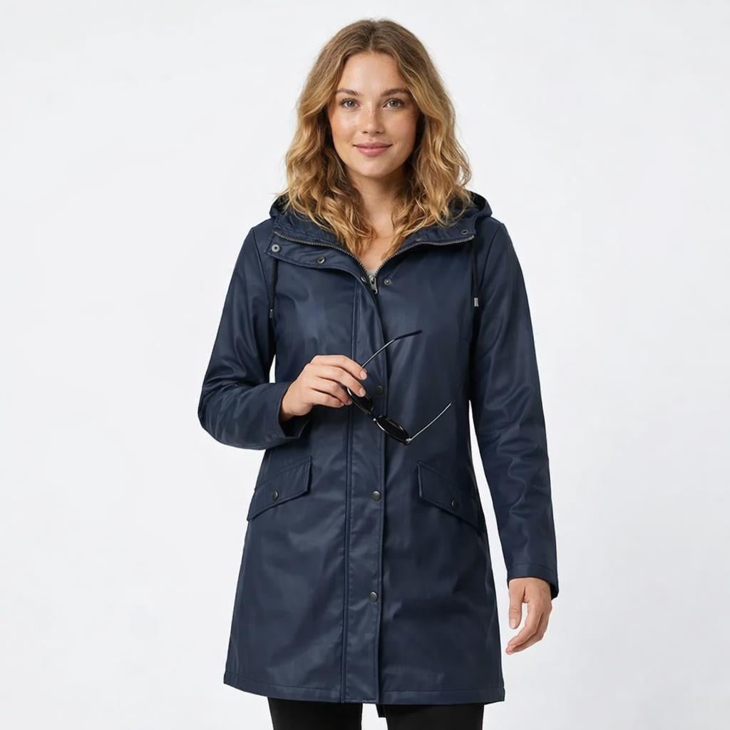 Women's Longline Rain Jacket – Waterproof with Drawstring Hood and Snap Button Closure - We are MFEO