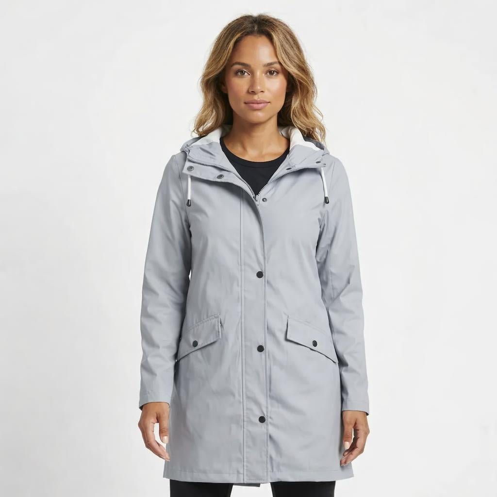 Women's Longline Rain Jacket – Waterproof with Drawstring Hood and Snap Button Closure - We are MFEO