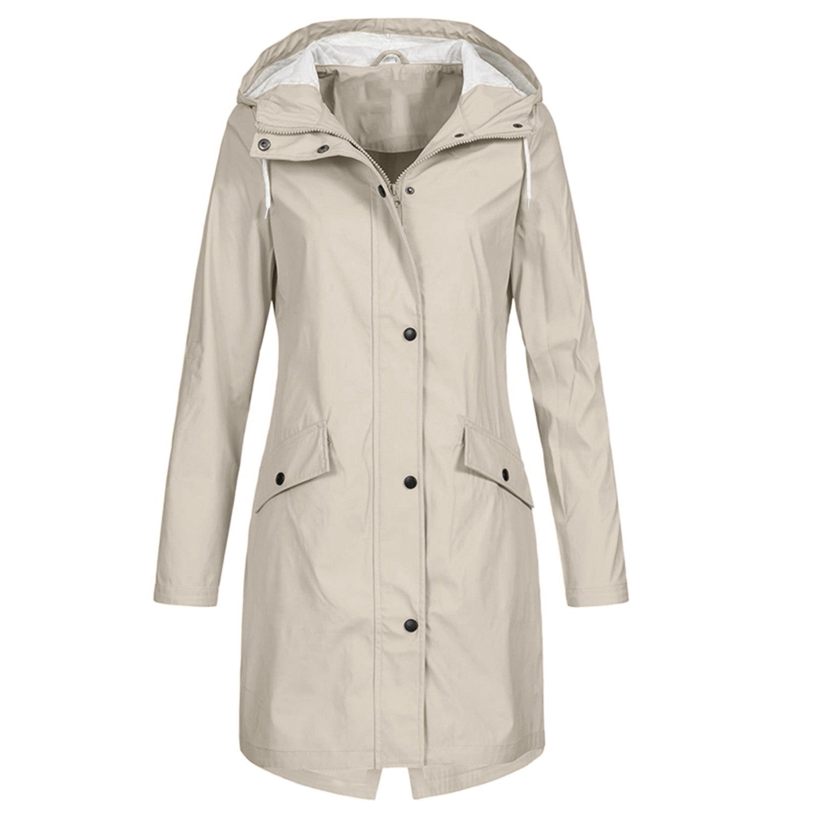 Women's Longline Rain Jacket – Waterproof with Drawstring Hood and Snap Button Closure - We are MFEO