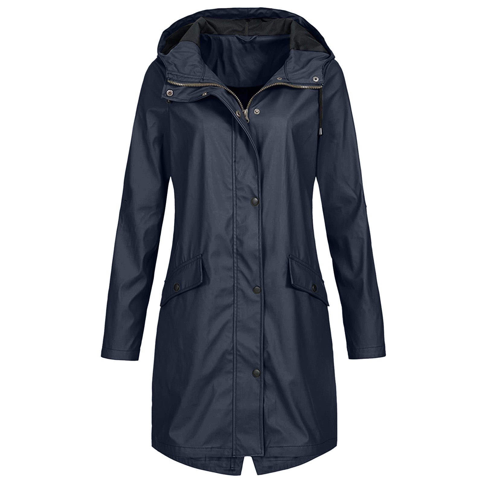 Women's Longline Rain Jacket – Waterproof with Drawstring Hood and Snap Button Closure - We are MFEO