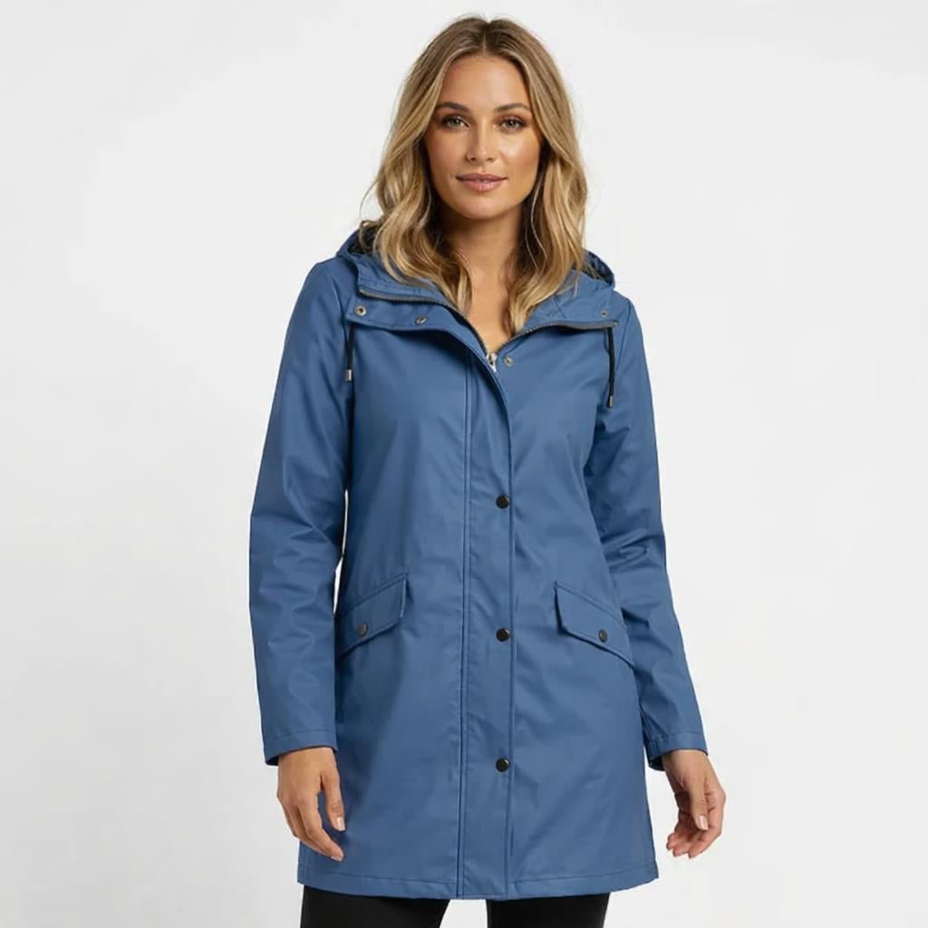 Women's Longline Rain Jacket – Waterproof with Drawstring Hood and Snap Button Closure - We are MFEO