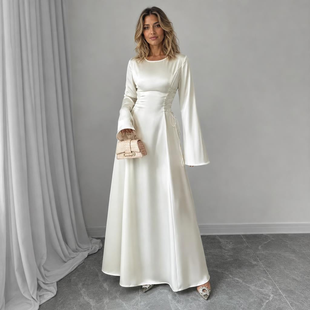 Maxi Dress for Formal Events – Bell Sleeves and Lace-Up Side Design 1