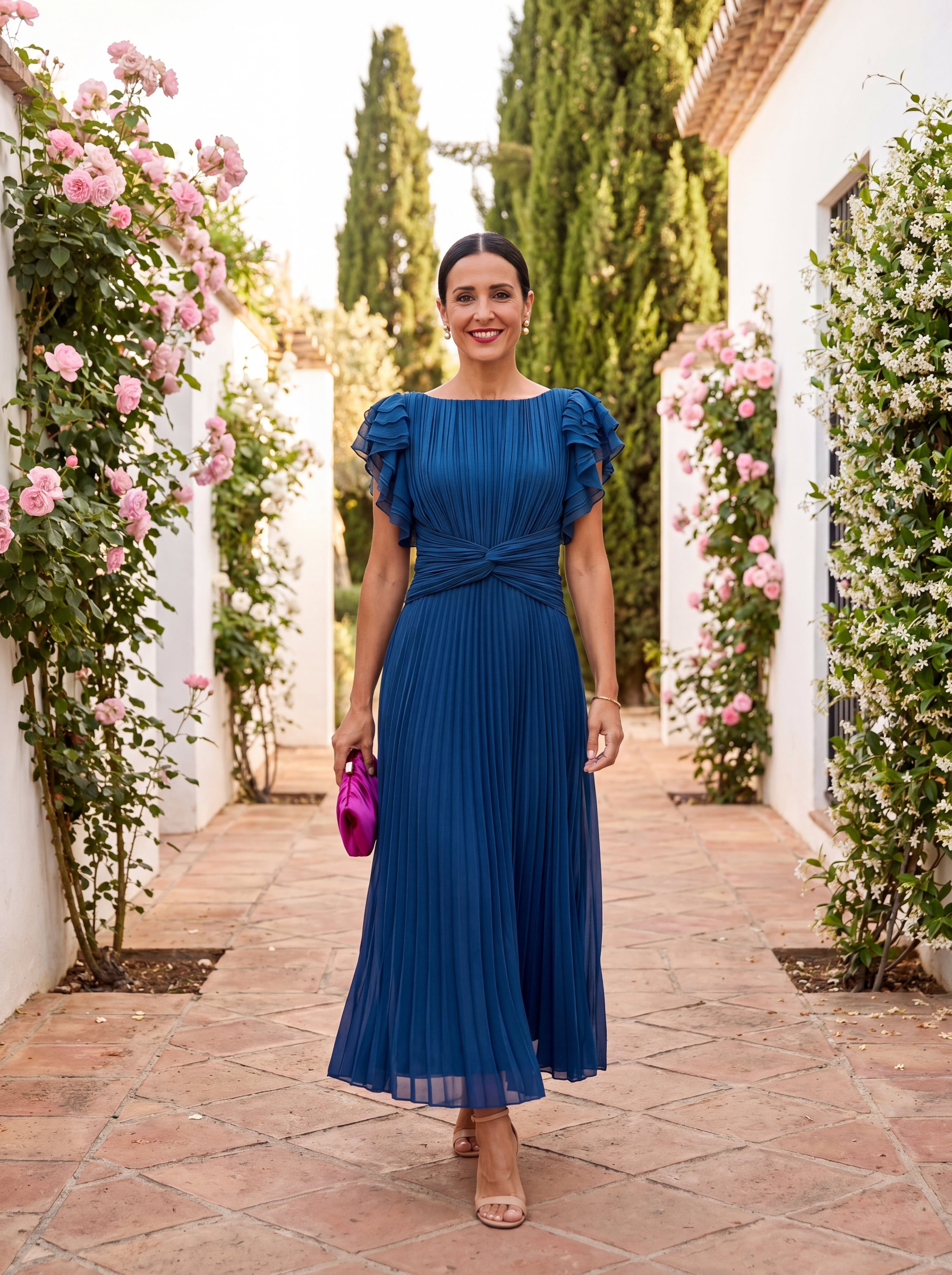Women's Maxi Dress for Weddings – Pleated Skirt with Ruffle Sleeves - We are MFEO