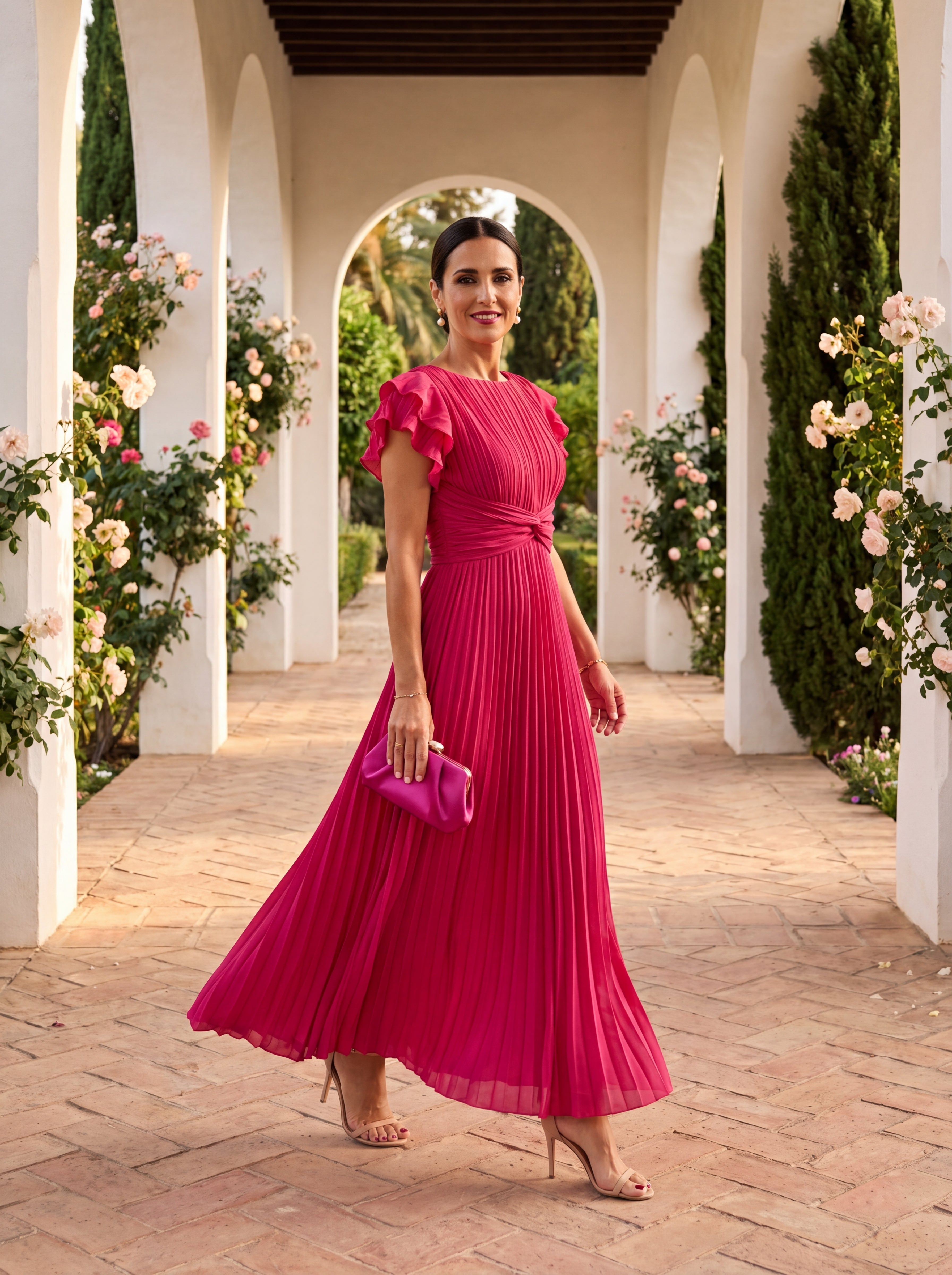 Women's Maxi Dress for Weddings – Pleated Skirt with Ruffle Sleeves - We are MFEO