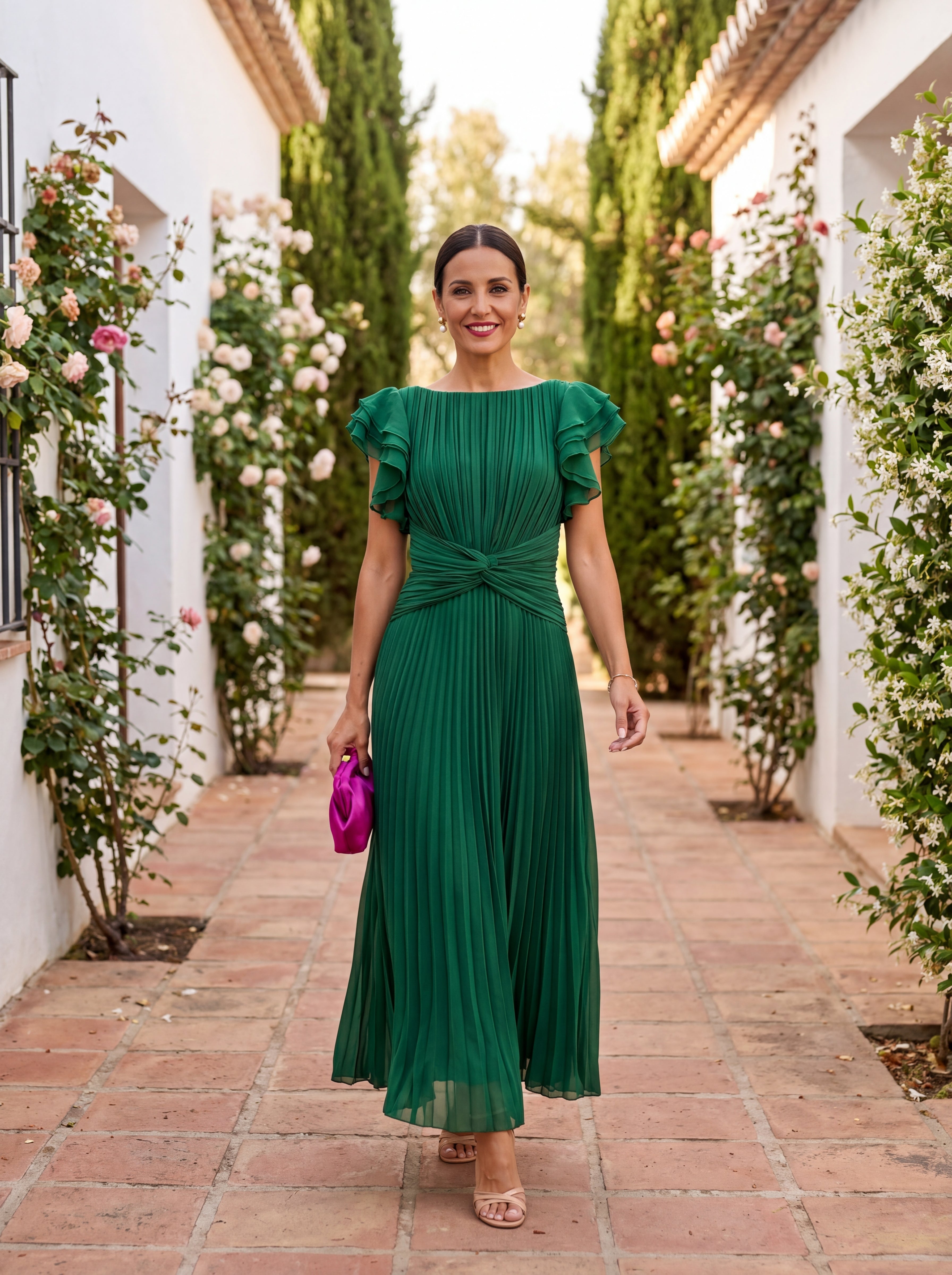Women's Maxi Dress for Weddings – Pleated Skirt with Ruffle Sleeves - We are MFEO