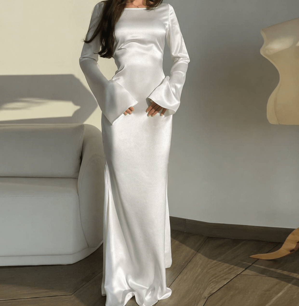 Women's Maxi Dress – Long Sleeve Column Silhouette with Flared Bell Cuffs - We are MFEO