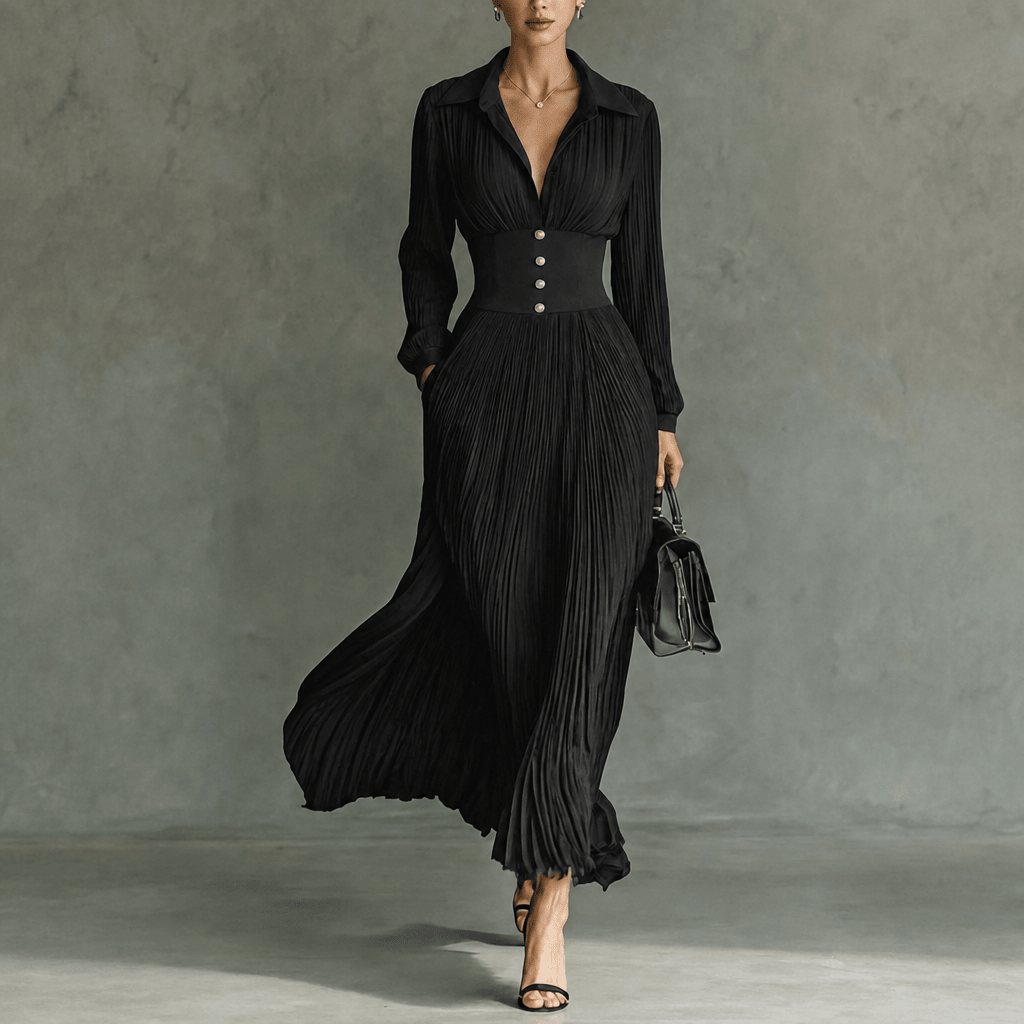 Women's Maxi Dress – Vintage Pleated Skirt with Collar - We are MFEO