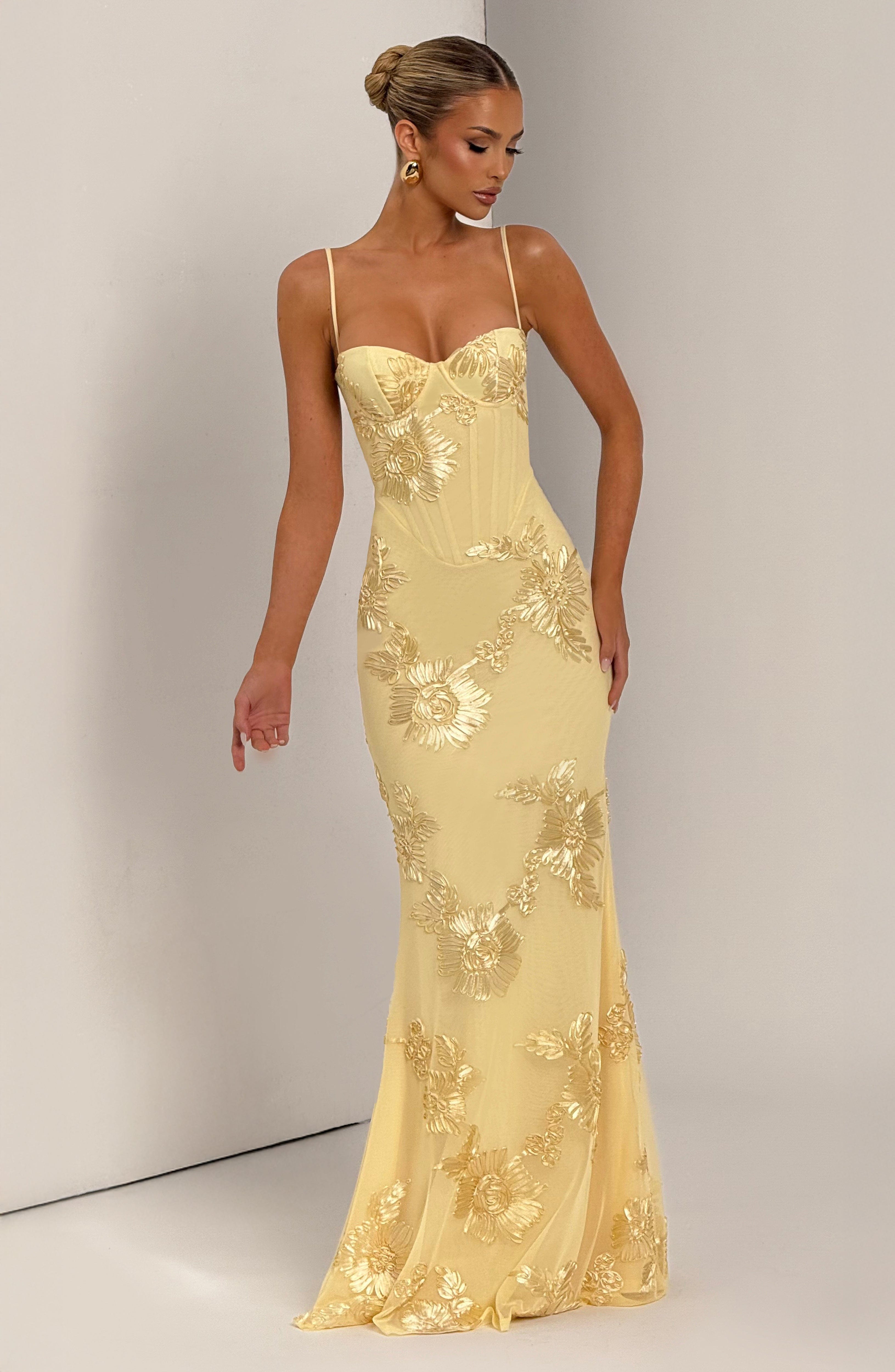 Women's Maxi Dress with Corset and Floral Embroidery and Spaghetti Straps - We are MFEO