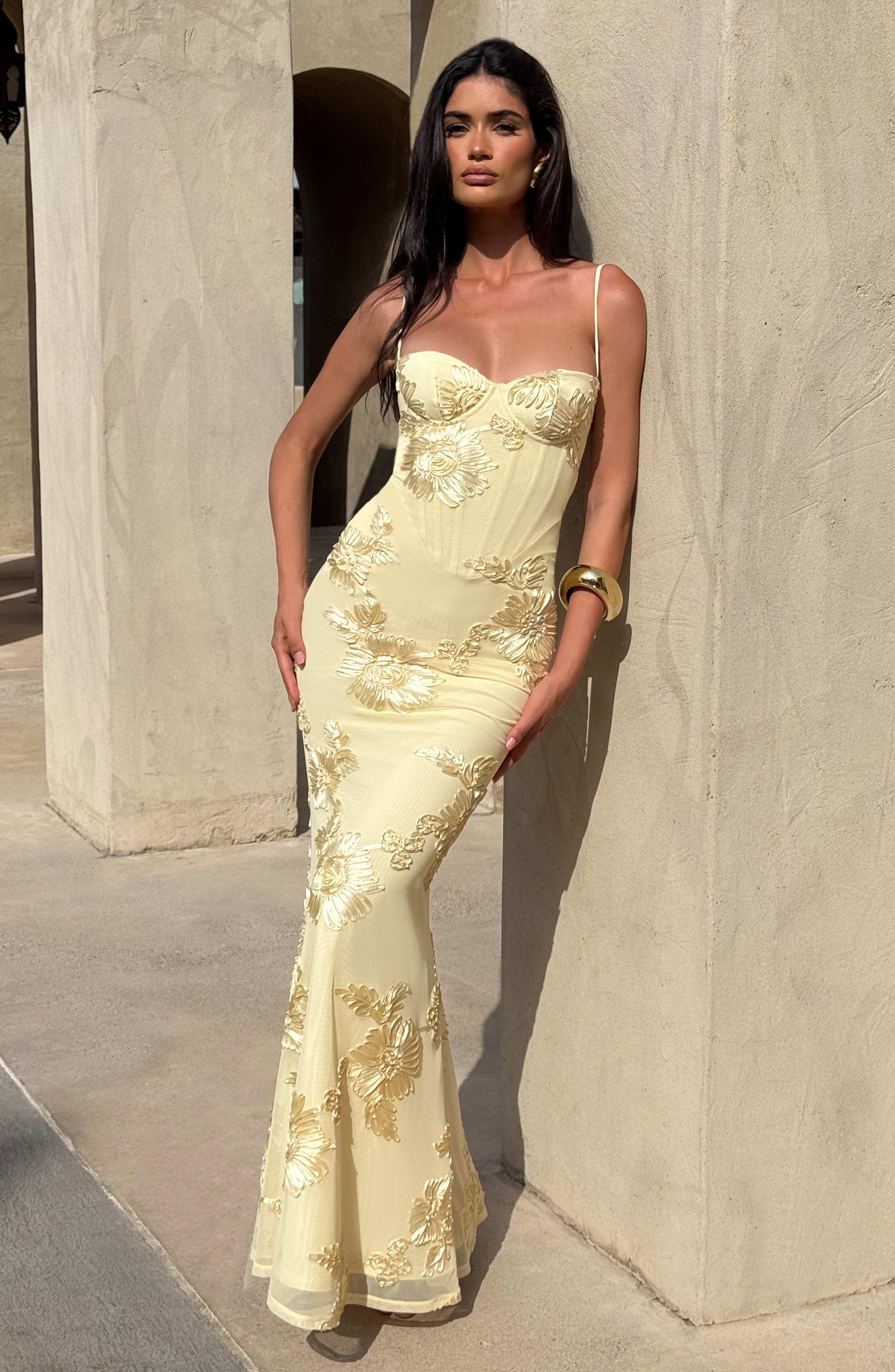 Women's Maxi Dress with Corset and Floral Embroidery and Spaghetti Straps - We are MFEO