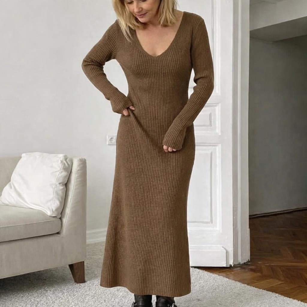 Women's Maxi Dress with V-Neck – Ribbed Knit, Long Sleeves - We are MFEO
