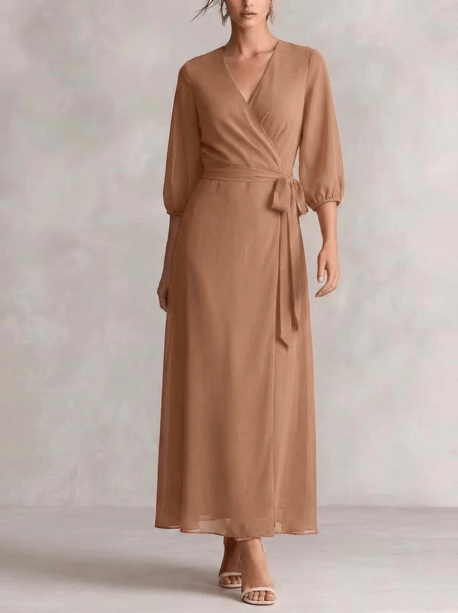 Women's Maxi Dress with V Neck – Wrap Waist, Blouson Sleeves - We are MFEO