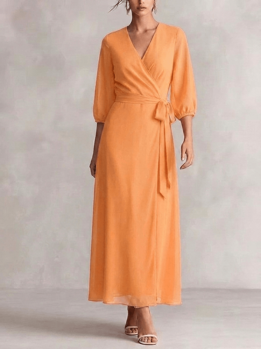 Women's Maxi Dress with V Neck – Wrap Waist, Blouson Sleeves - We are MFEO