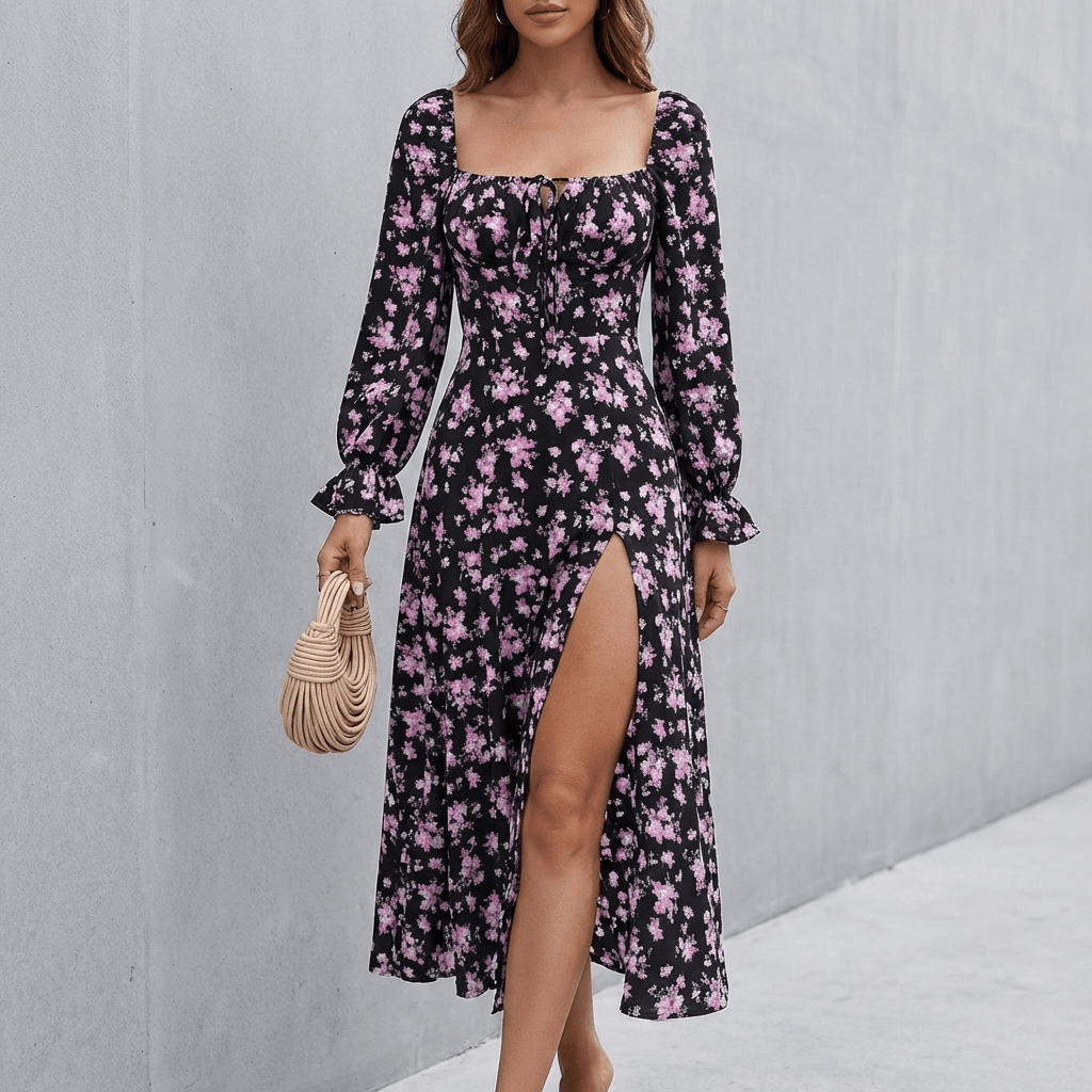 Women's Midi Dress – Floral Print with Long Sleeves and Side Split - We are MFEO