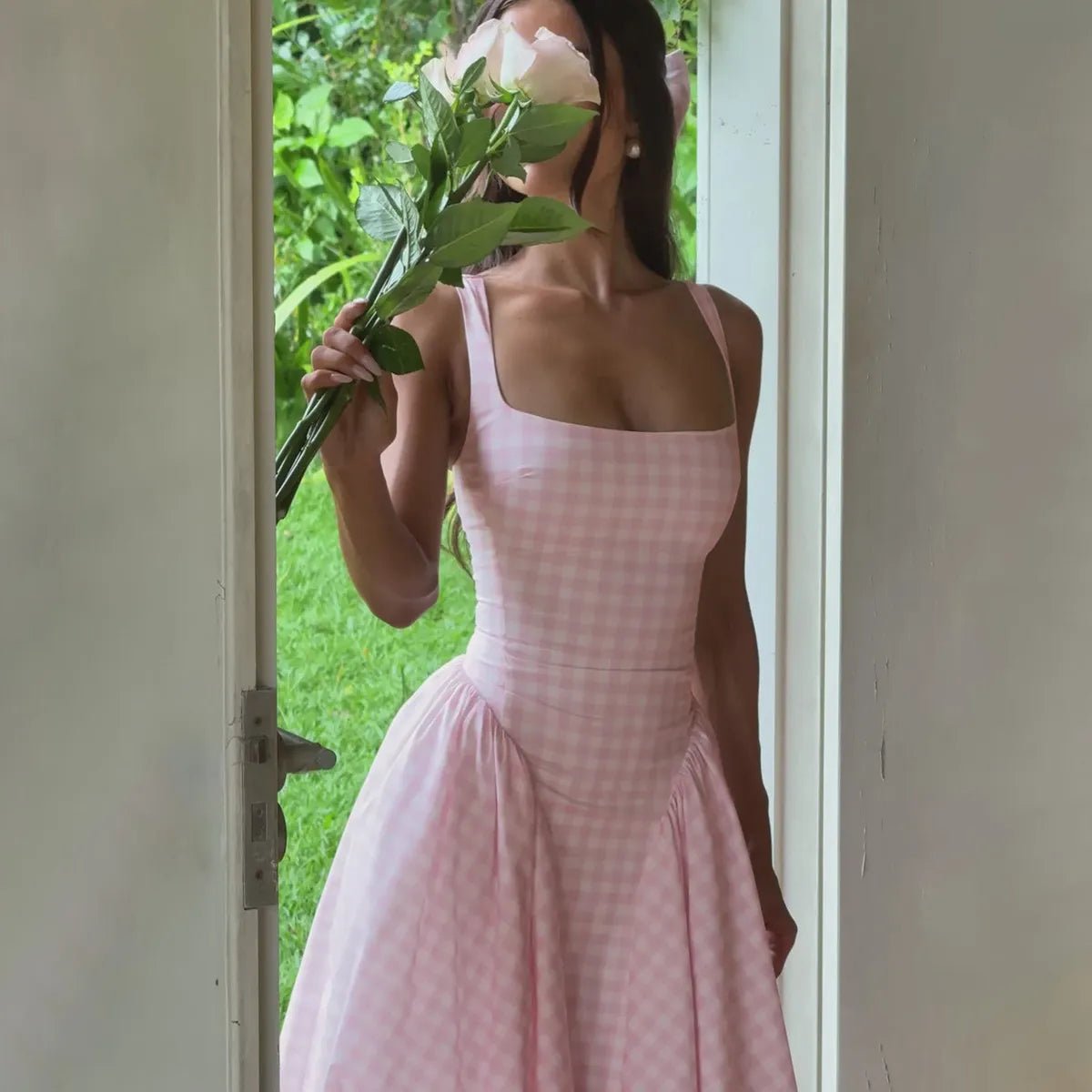 Women's Midi Dress – Gingham Check, Sleeveless Fit and Flare with Side Pockets - We are MFEO
