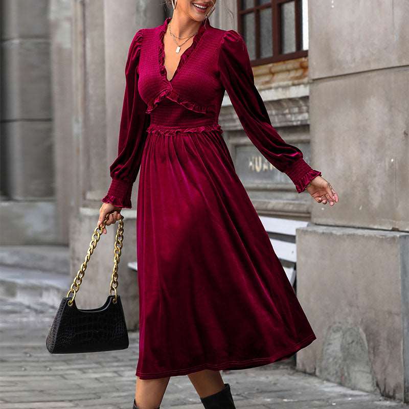 Women's Midi Dress – V Neck, Long Sleeves, Pleated Skirt - We are MFEO