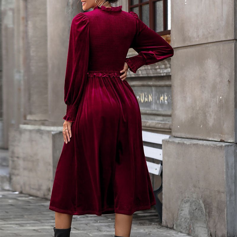 Women's Midi Dress – V Neck, Long Sleeves, Pleated Skirt - We are MFEO