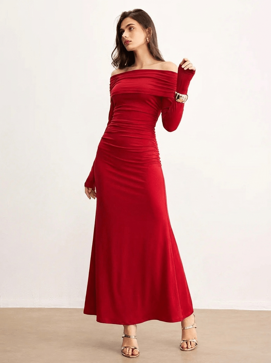 Women's Off Shoulder Maxi Dress – Formal Long Sleeve with Ruching - We are MFEO