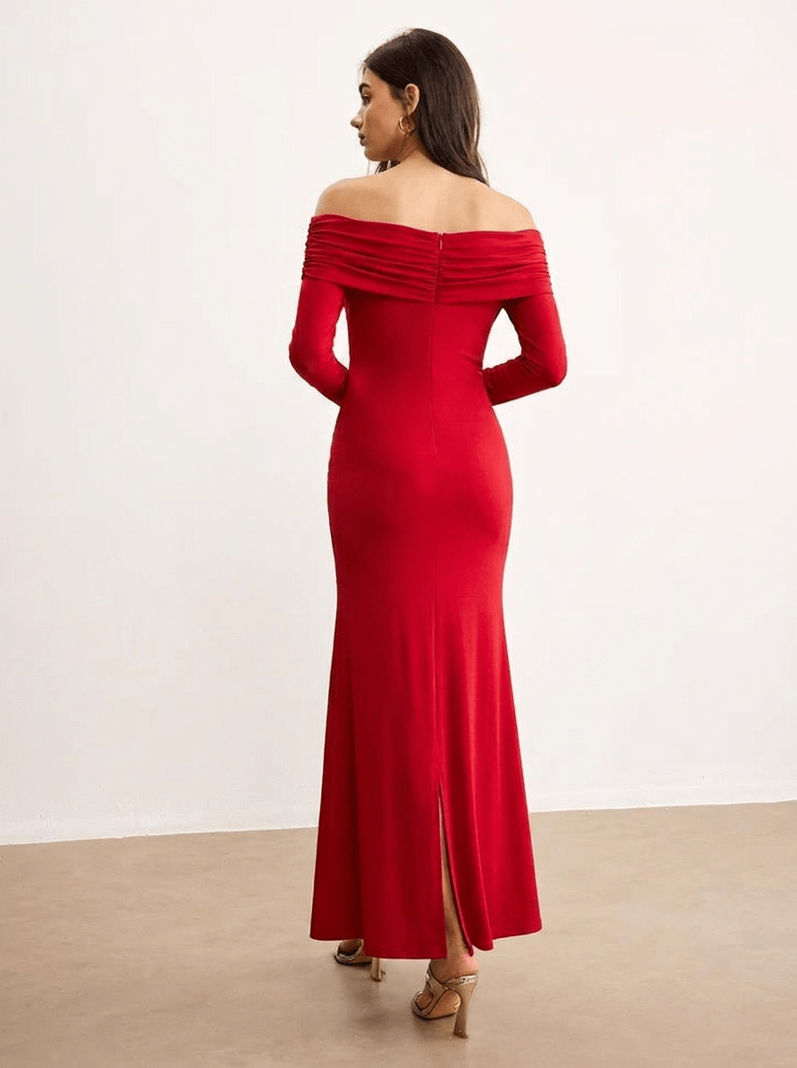 Women's Off Shoulder Maxi Dress – Formal Long Sleeve with Ruching - We are MFEO