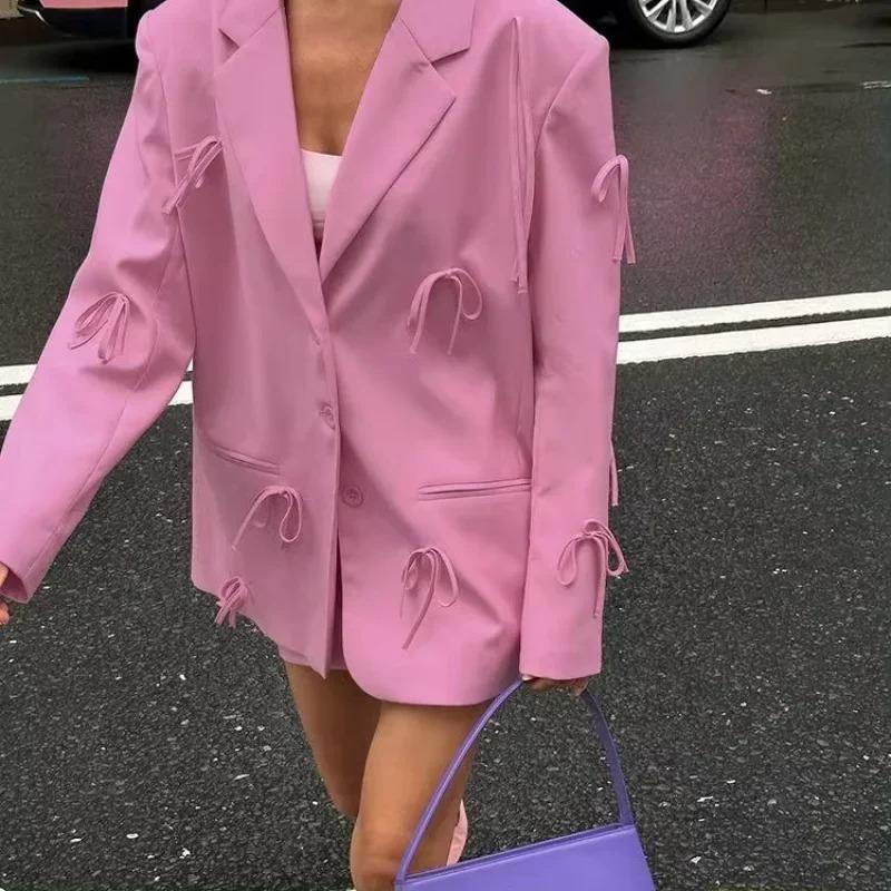 Women's Oversized Blazer with Bow Detail and Notched Lapel - We are MFEO